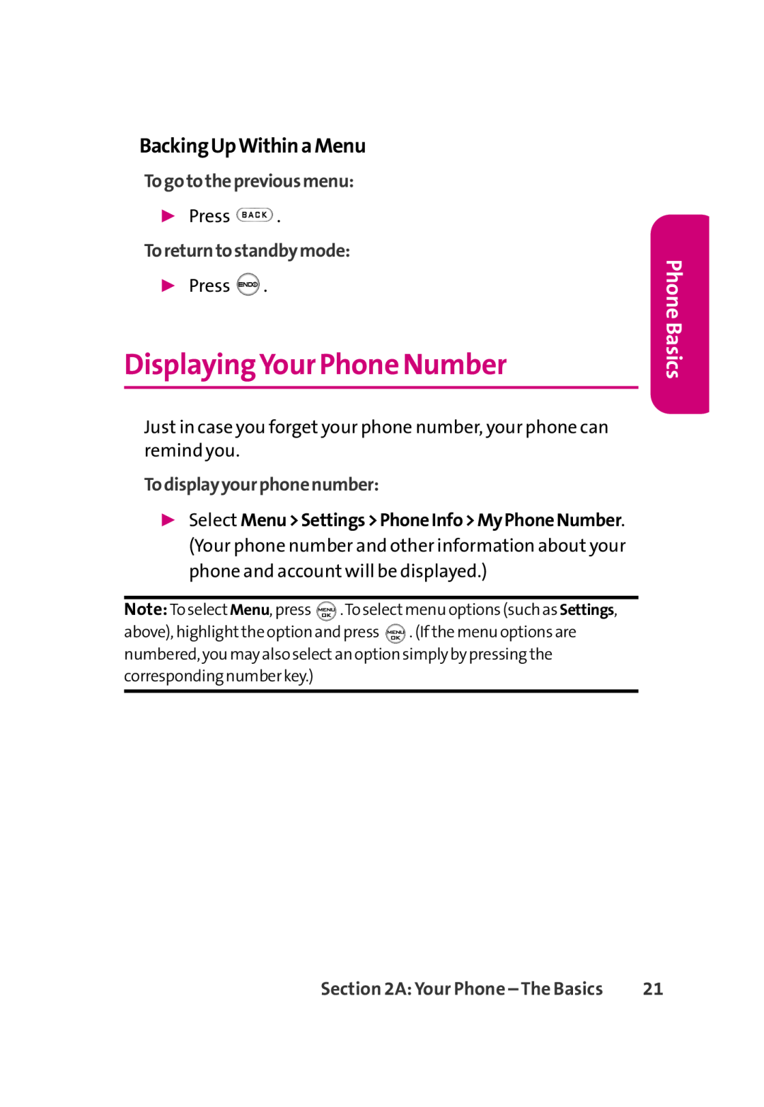 LG Electronics 350 manual DisplayingYour Phone Number, BackingUpWithinaMenu, Togotothepreviousmenu, Toreturntostandbymode 