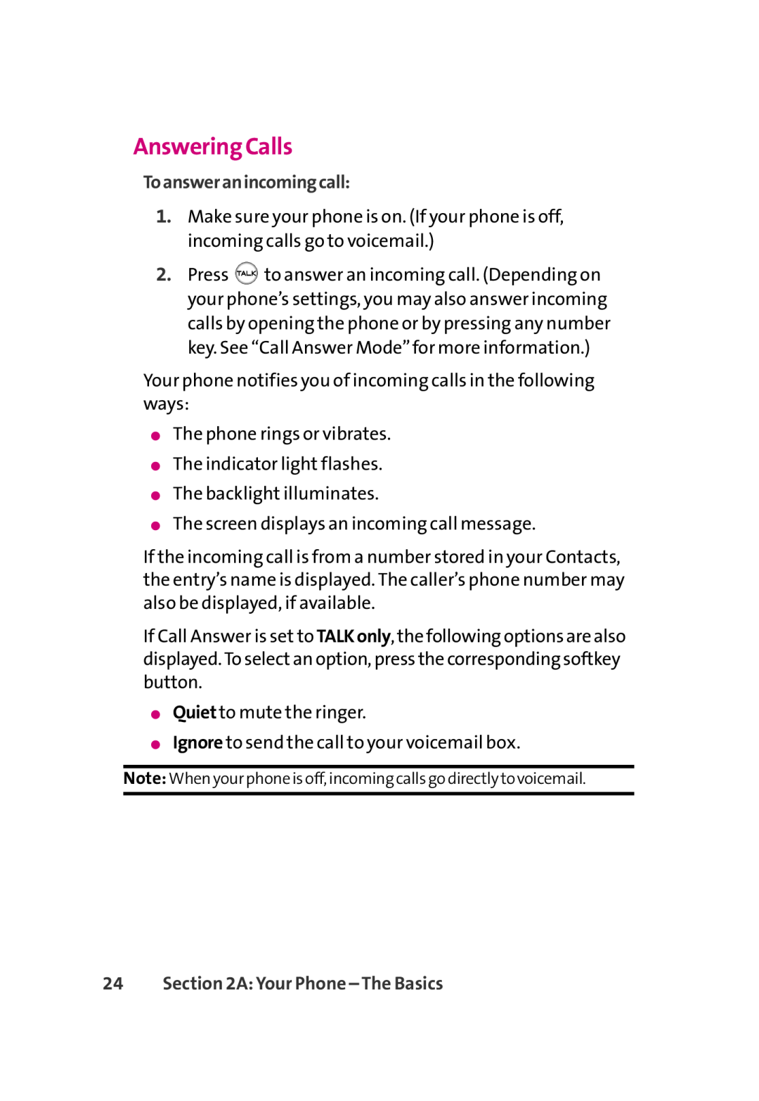 LG Electronics 350 manual Answering Calls, Toansweranincomingcall, A Your Phone - The Basics 