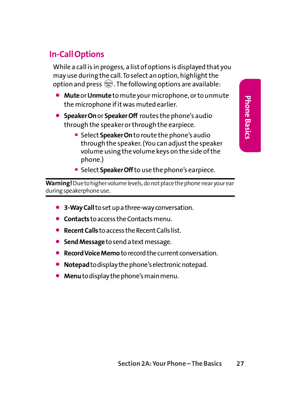 LG Electronics 350 manual In-Call Options, Phone Basics 