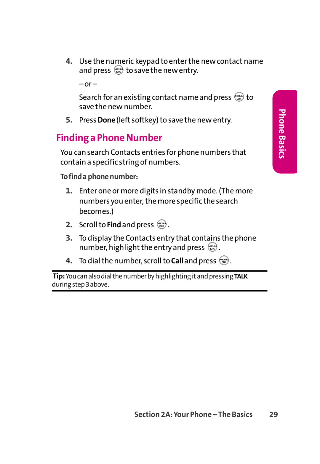 LG Electronics 350 manual Finding a Phone Number, Tofindaphonenumber, Phone Basics 