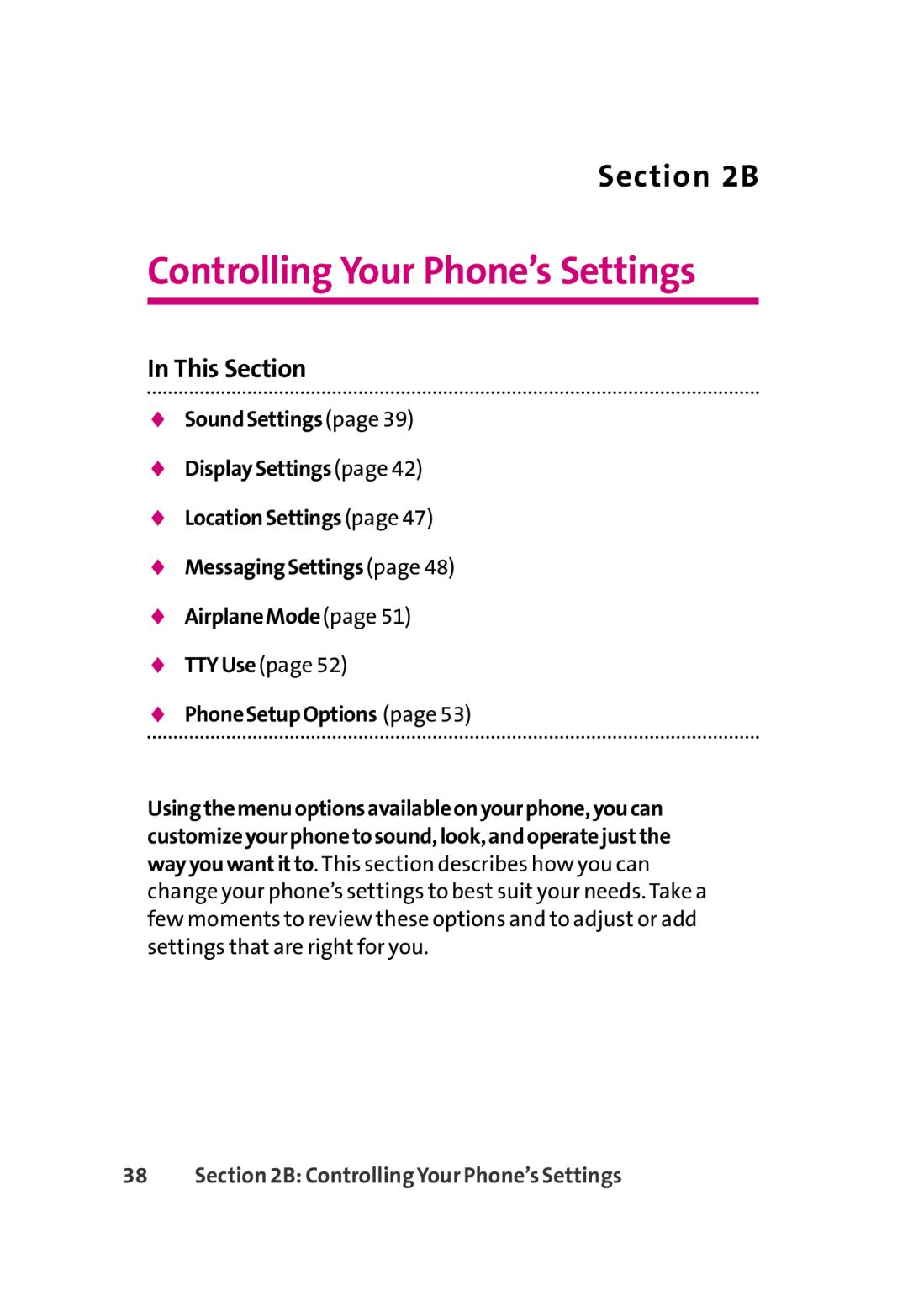 LG Electronics 350 manual Controlling Your Phone’s Settings, B, SoundSettingspage DisplaySettingspage LocationSettingspage 