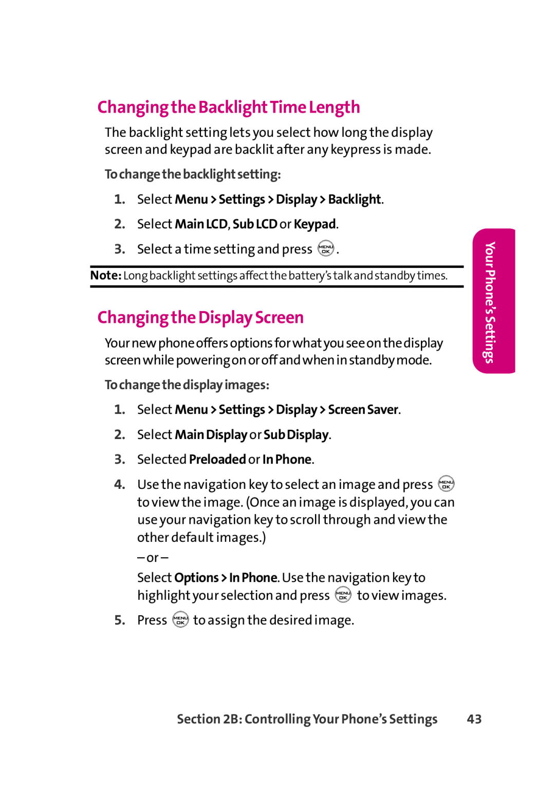 LG Electronics 350 manual Changing the BacklightTime Length, Changing the Display Screen, Tochangethebacklightsetting 