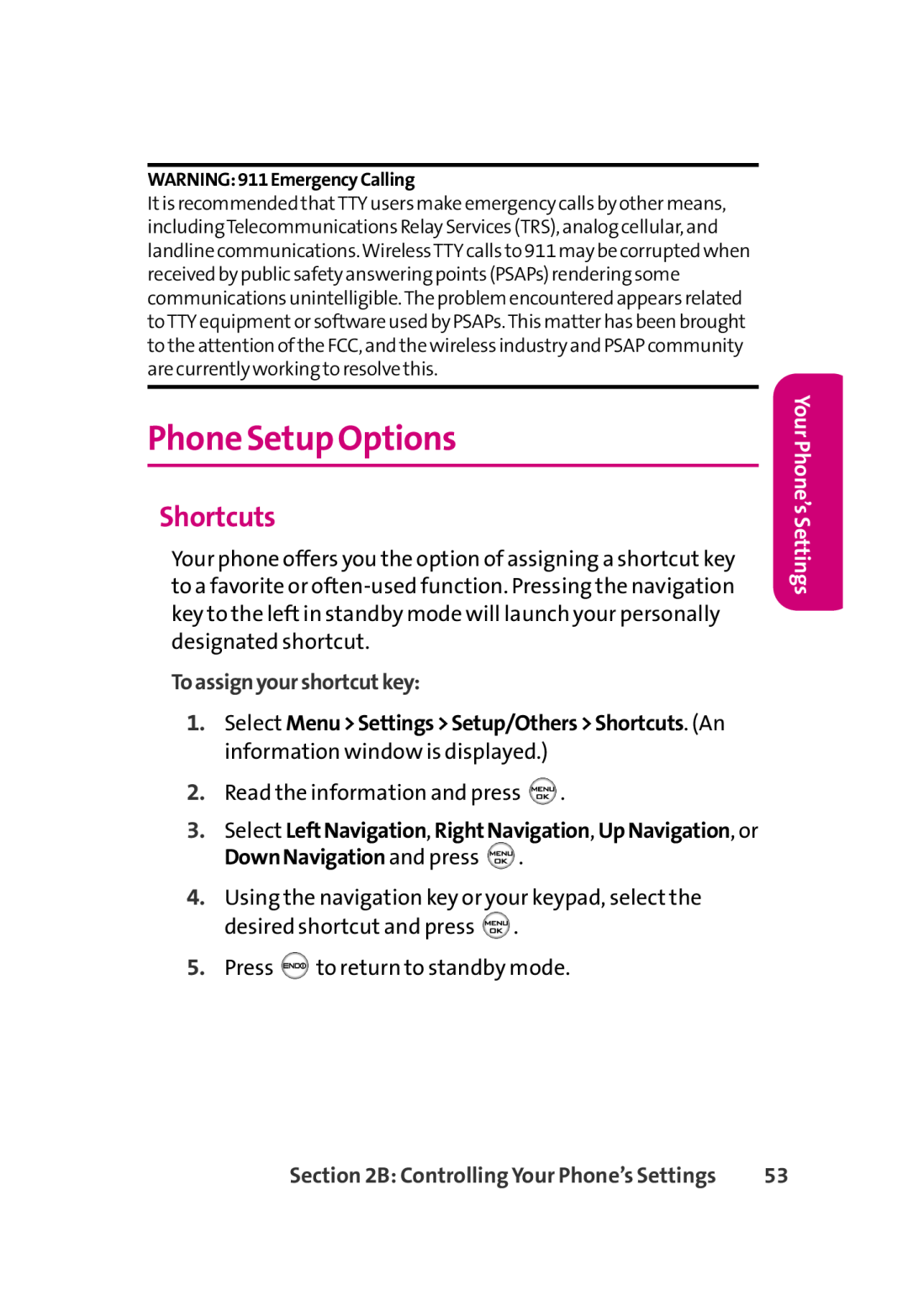 LG Electronics 350 manual Phone Setup Options, Shortcuts, Toassignyourshortcutkey, Your Phone’s Settings 