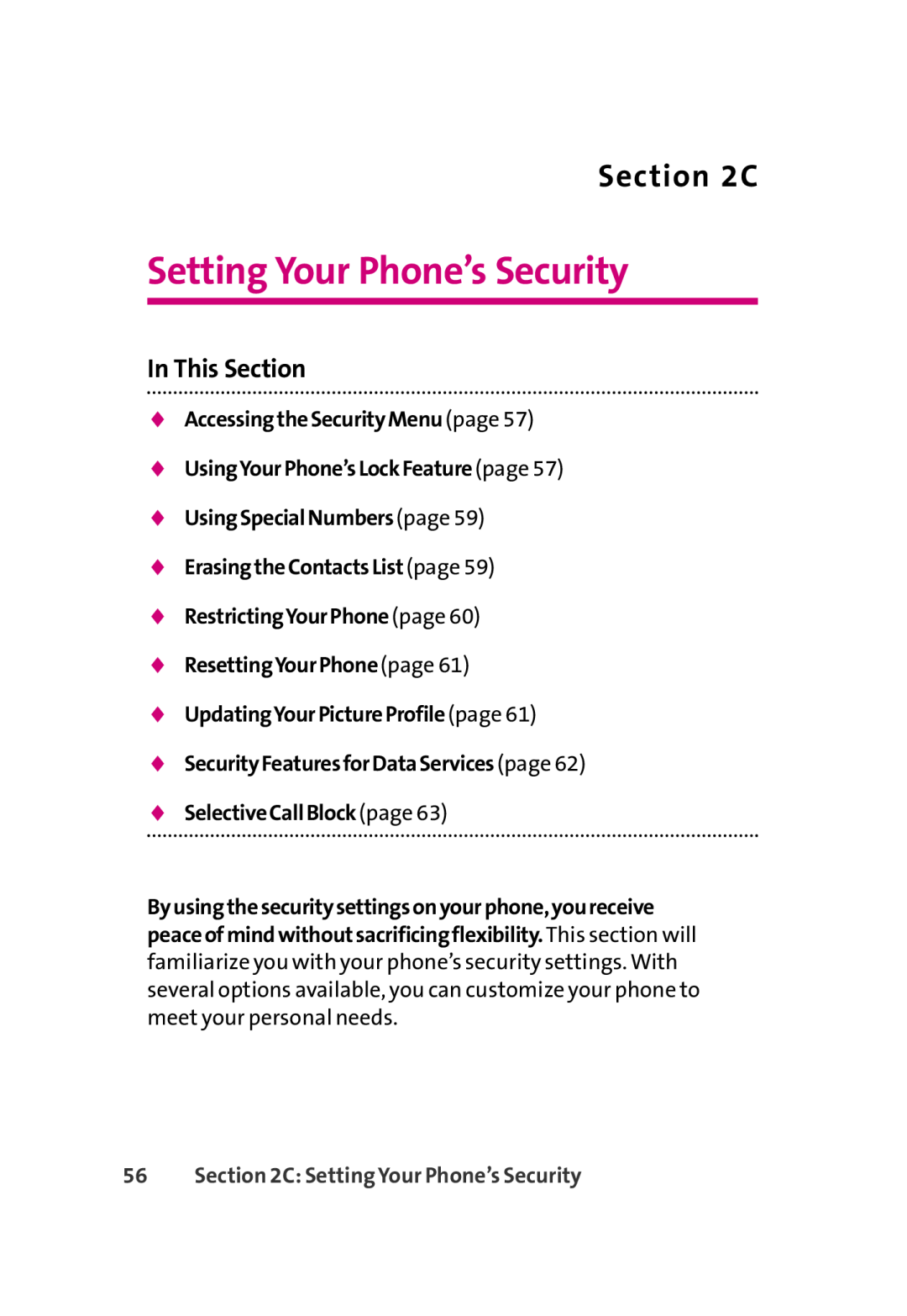 LG Electronics 350 manual Setting Your Phone’s Security, C, AccessingtheSecurityMenupage UsingYourPhone’sLockFeaturepage 