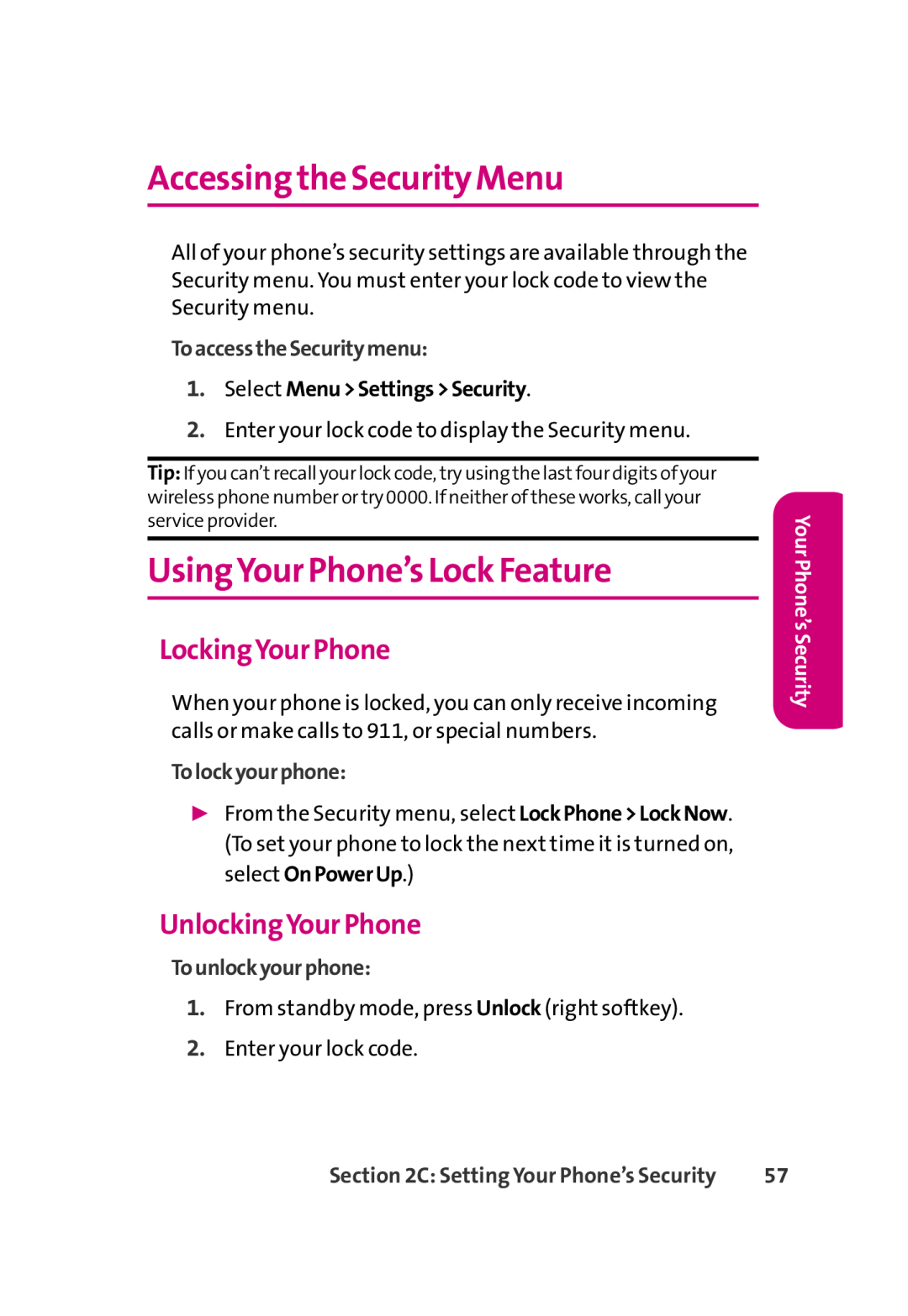 LG Electronics 350 Accessing the Security Menu, UsingYour Phone’s Lock Feature, LockingYour Phone, UnlockingYour Phone 