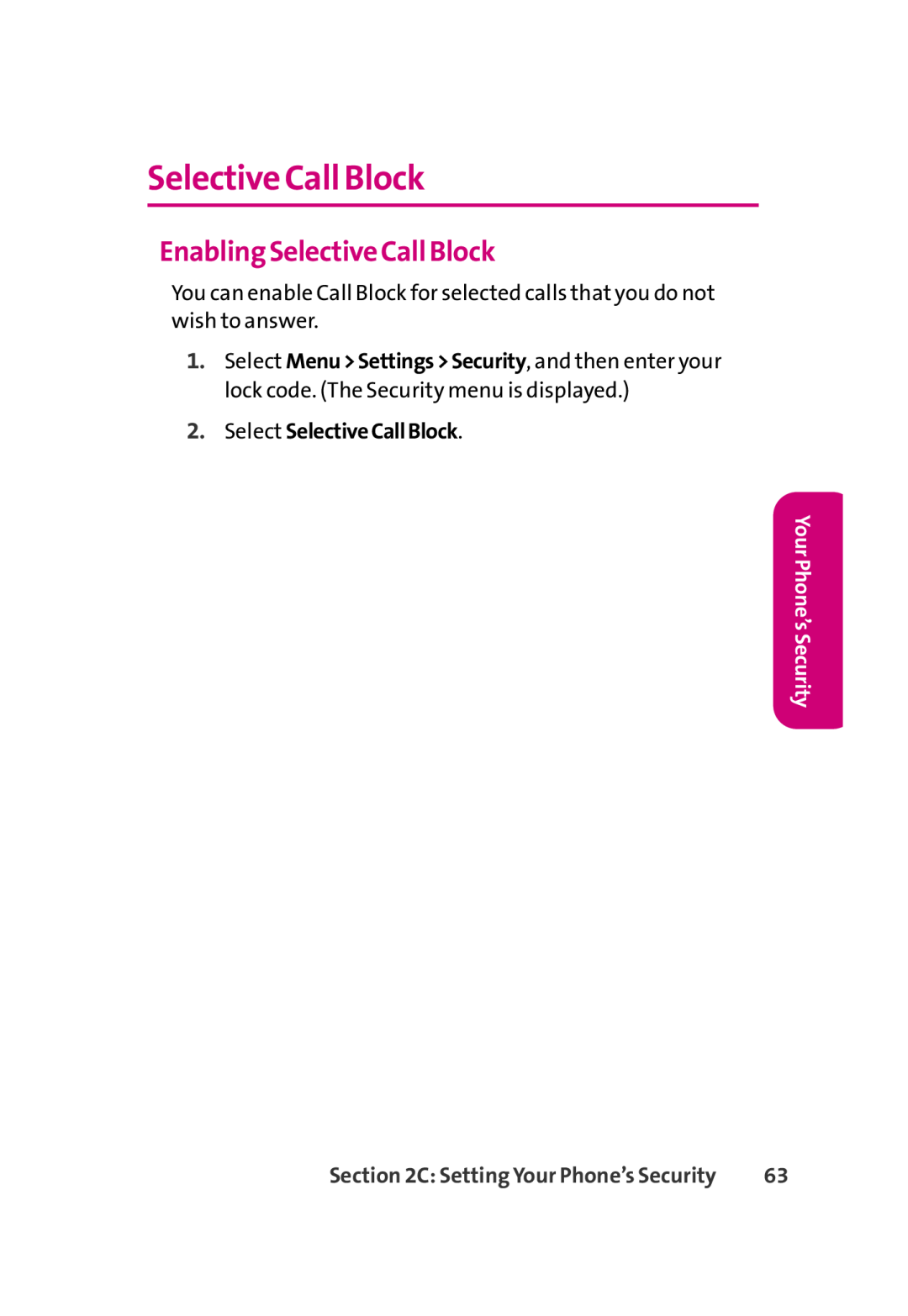 LG Electronics 350 manual Enabling Selective Call Block, Select SelectiveCallBlock, Your Phone’s Security 