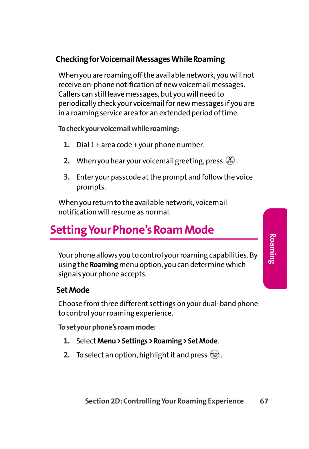 LG Electronics 350 manual SettingYour Phone’s Roam Mode, CheckingforVoicemailMessagesWhileRoaming, SetMode 