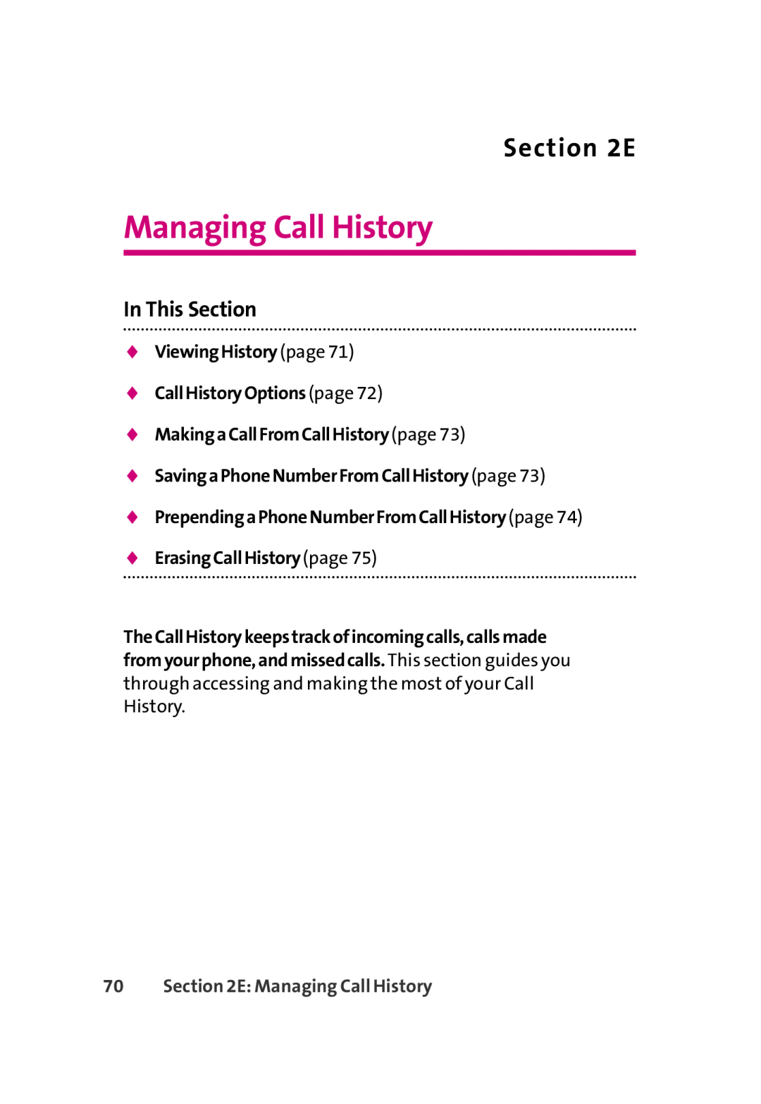 LG Electronics 350 manual ViewingHistorypage CallHistoryOptionspage, E Managing Call History, In This Section 