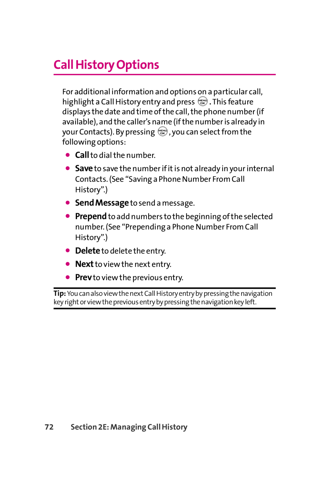 LG Electronics 350 manual Call History Options, E Managing Call History 