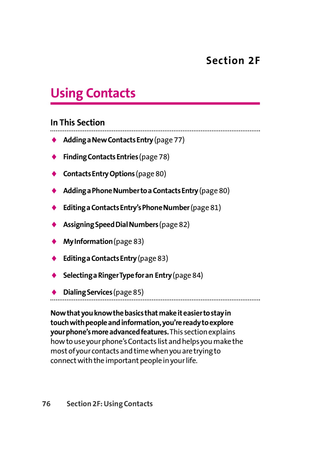 LG Electronics 350 manual AddingaNewContactsEntrypage FindingContactsEntriespage, F Using Contacts, In This Section 