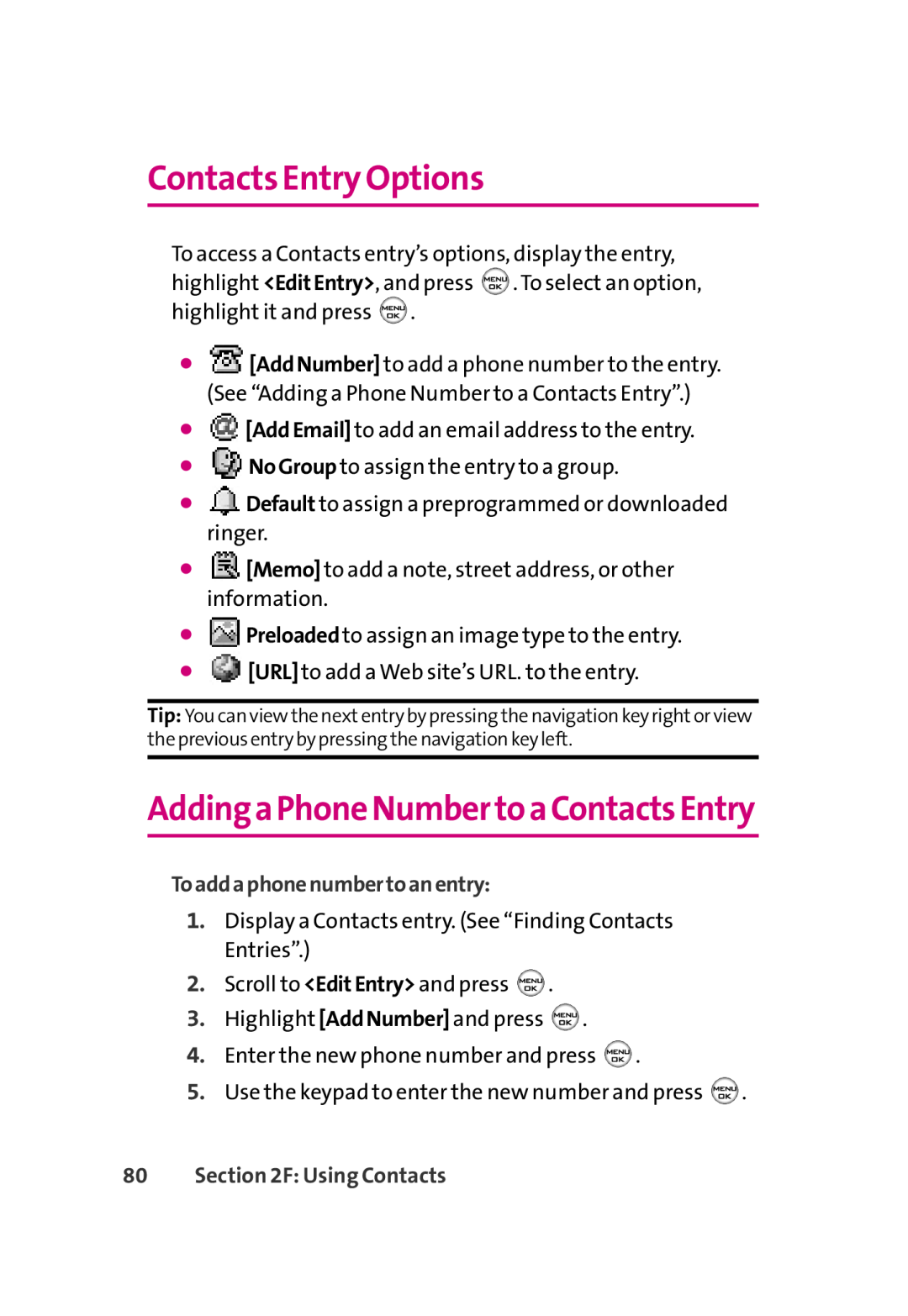 LG Electronics 350 manual Contacts Entry Options, AddingaPhoneNumbertoaContactsEntry, Toaddaphonenumbertoanentry 