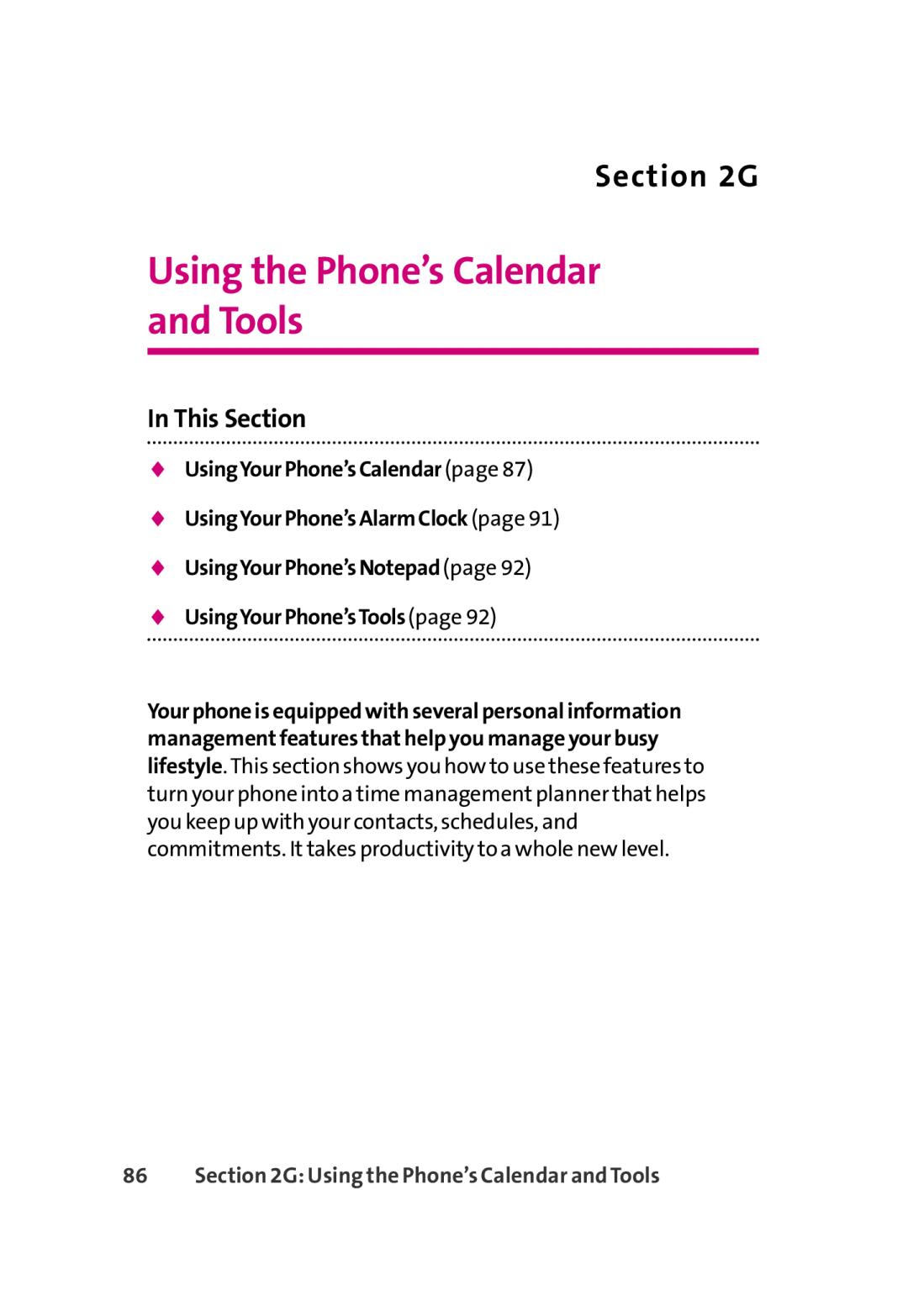 LG Electronics 350 Using the Phone’s Calendar and Tools, G, UsingYourPhone’sCalendarpage UsingYourPhone’sAlarmClockpage 