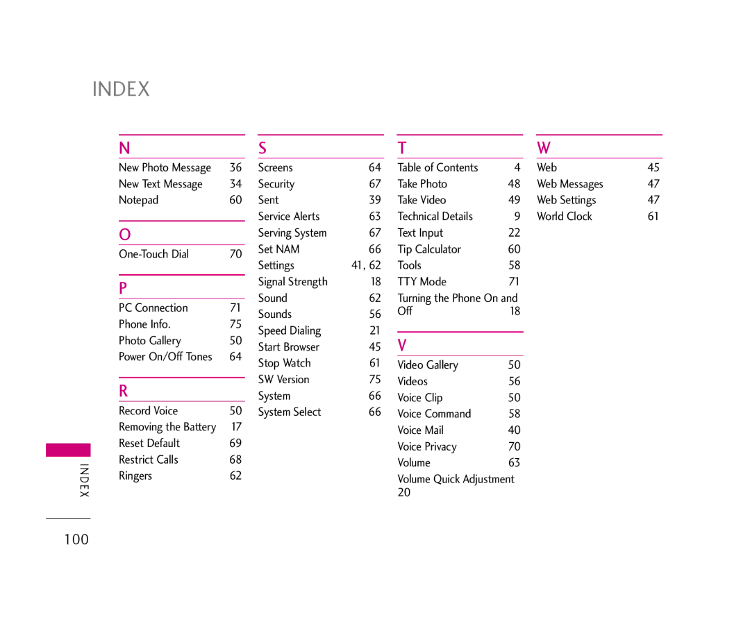 LG Electronics 355 manual Index, Web, TTY Mode Sound 