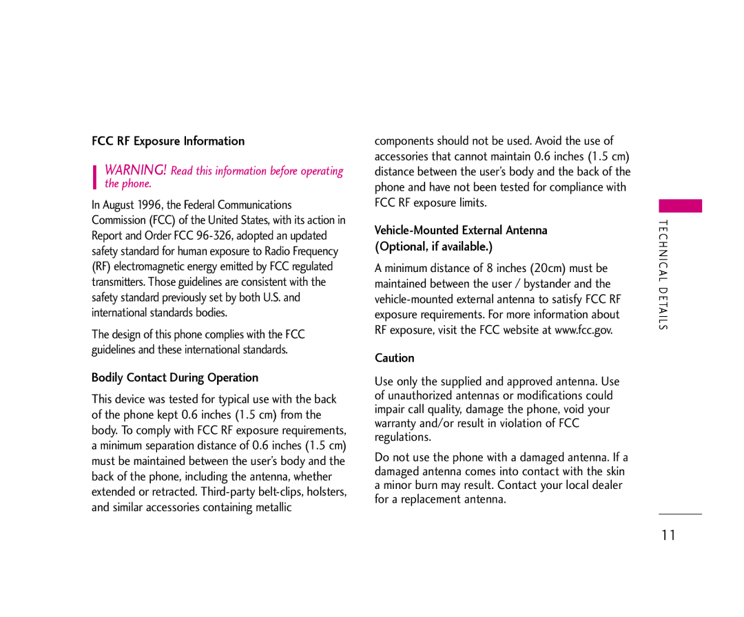 LG Electronics 355 manual FCC RF Exposure Information, Bodily Contact During Operation 