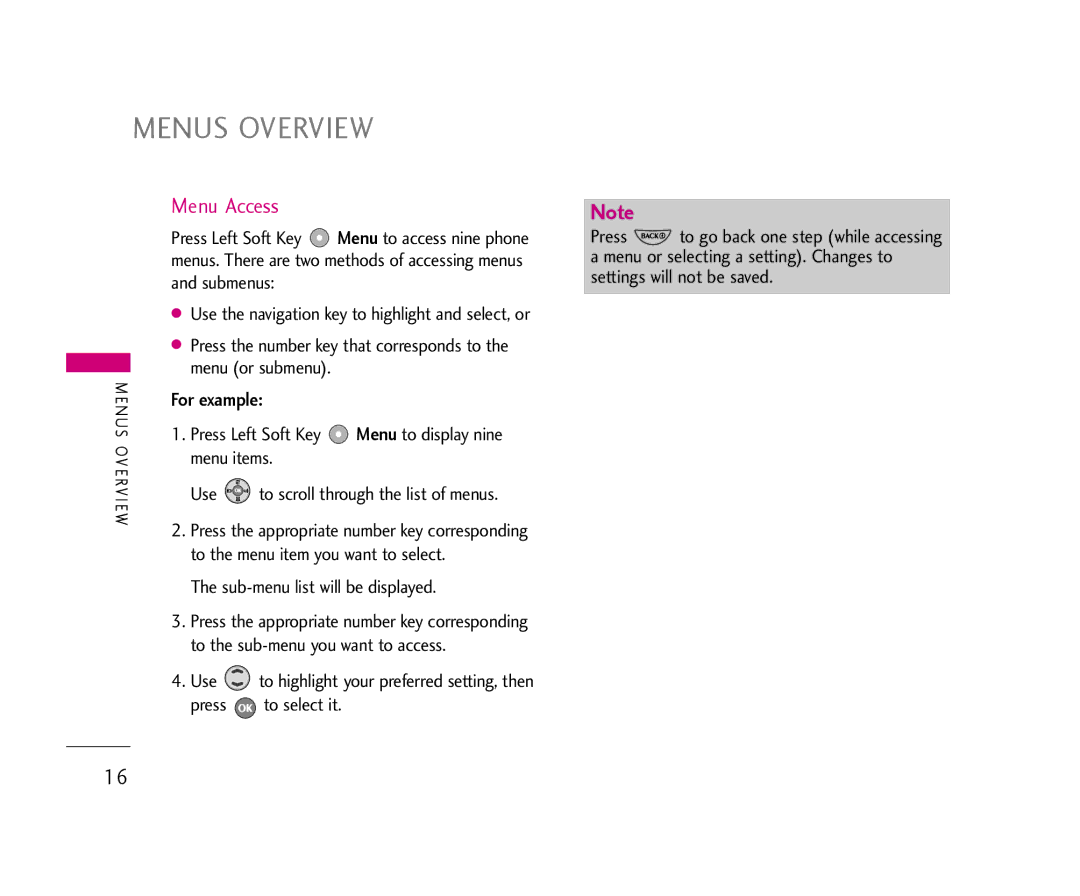 LG Electronics 355 manual Menus Overview, Menu Access, For example 