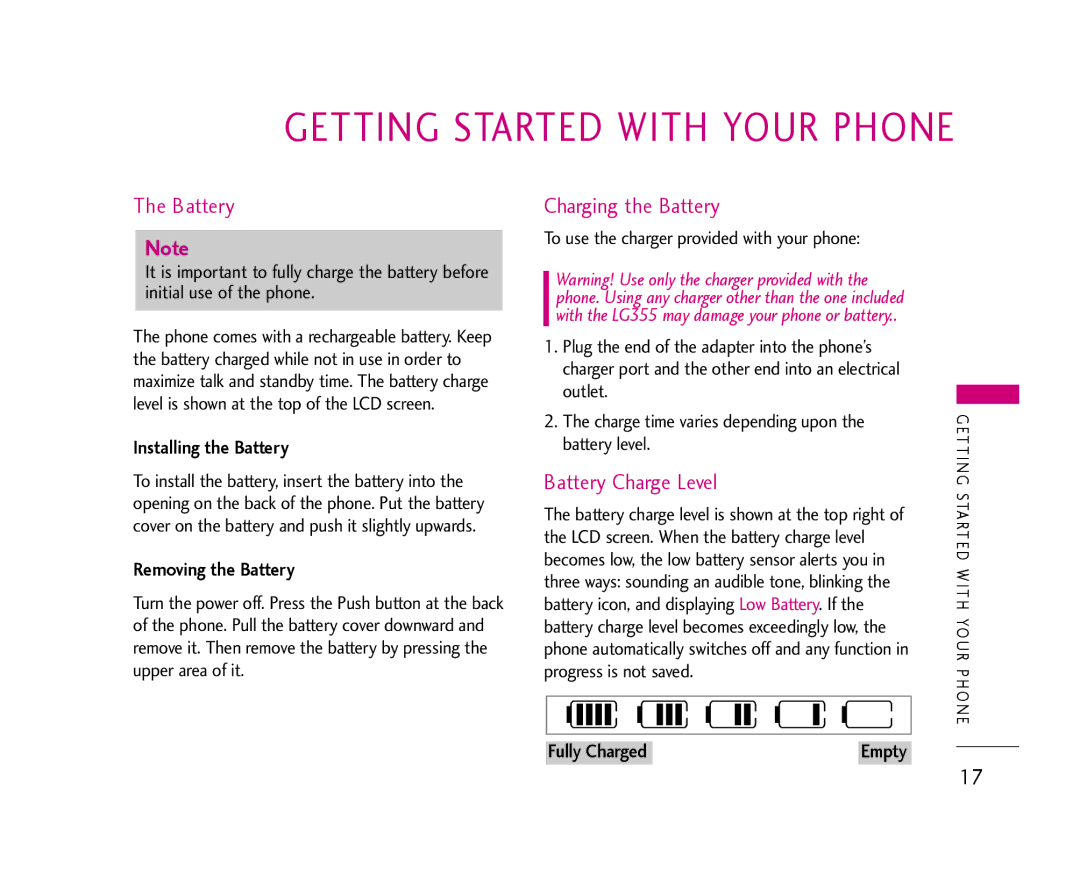 LG Electronics 355 manual Charging the Battery, Battery Charge Level, Installing the Battery, Removing the Battery 