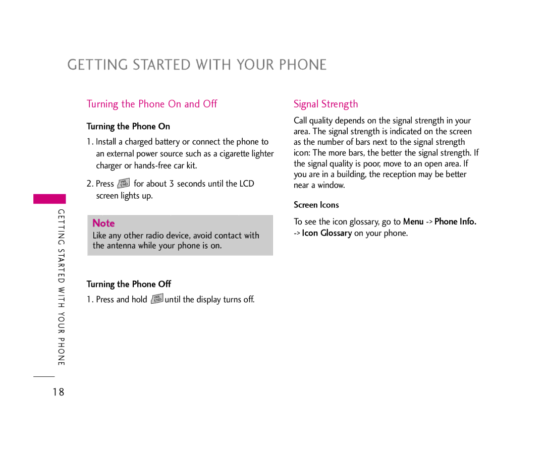 LG Electronics 355 Getting Started with Your Phone, Turning the Phone On and Off, Signal Strength, Turning the Phone Off 