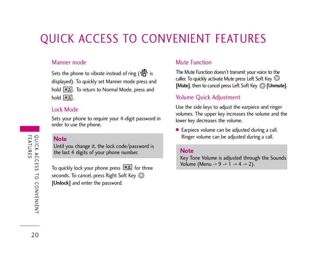 LG Electronics 355 manual Manner mode, Lock Mode, Mute Function, Volume Quick Adjustment 