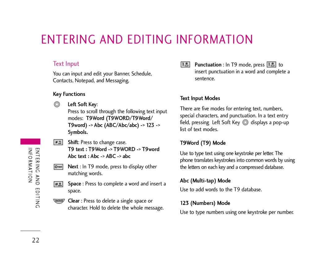 LG Electronics 355 manual Entering and Editing Information, Text Input 