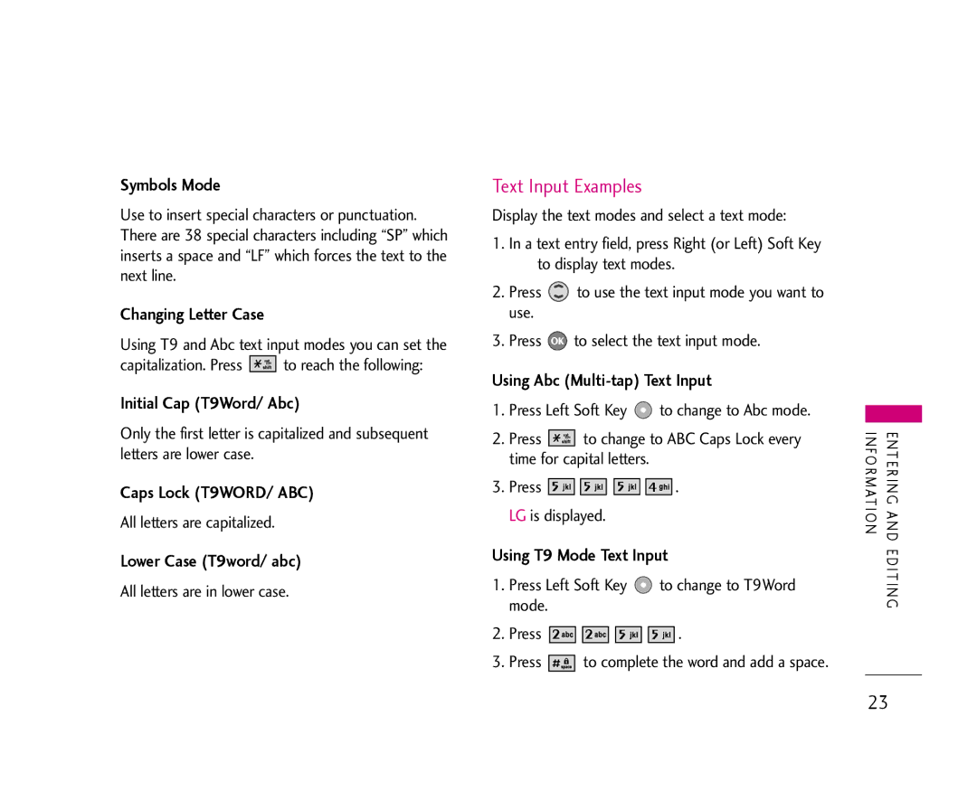 LG Electronics 355 manual Text Input Examples 