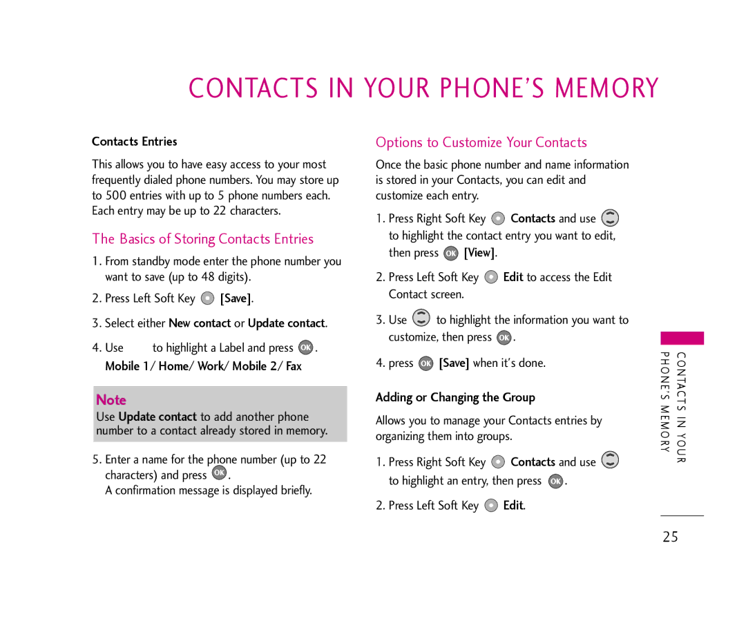 LG Electronics 355 Basics of Storing Contacts Entries, Options to Customize Your Contacts, Adding or Changing the Group 