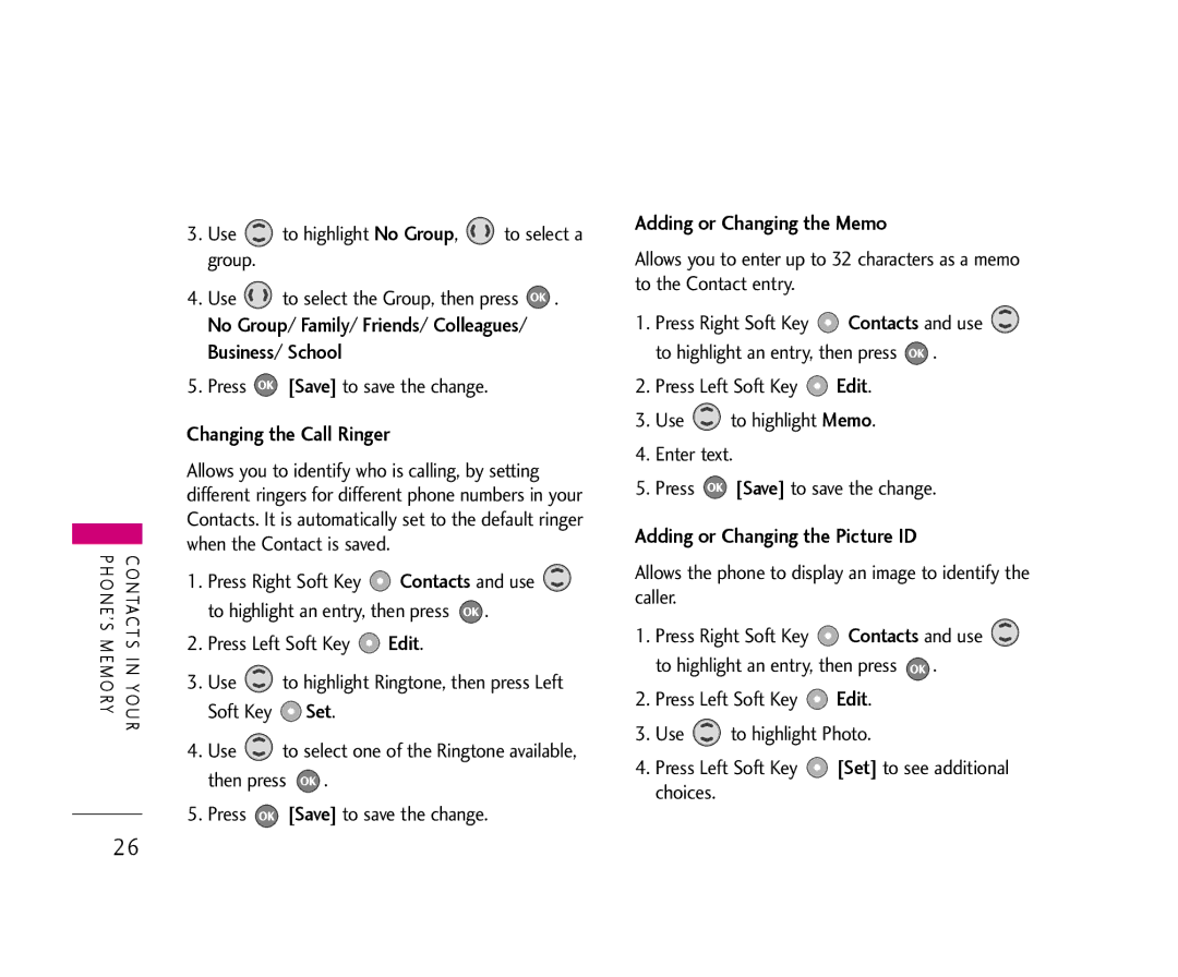 LG Electronics 355 manual No Group/ Family/ Friends/ Colleagues/ Business/ School, Changing the Call Ringer 