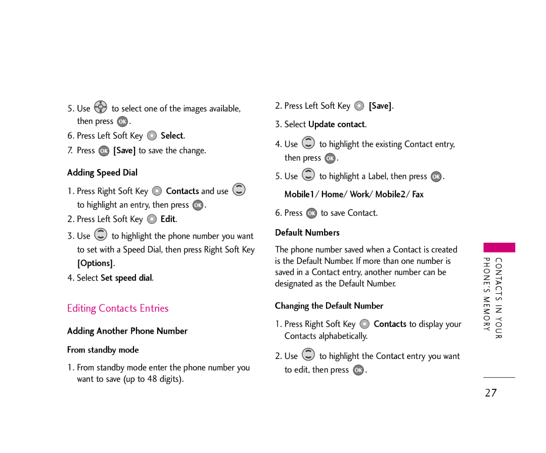 LG Electronics 355 manual Editing Contacts Entries, Adding Speed Dial, Adding Another Phone Number, Default Numbers 
