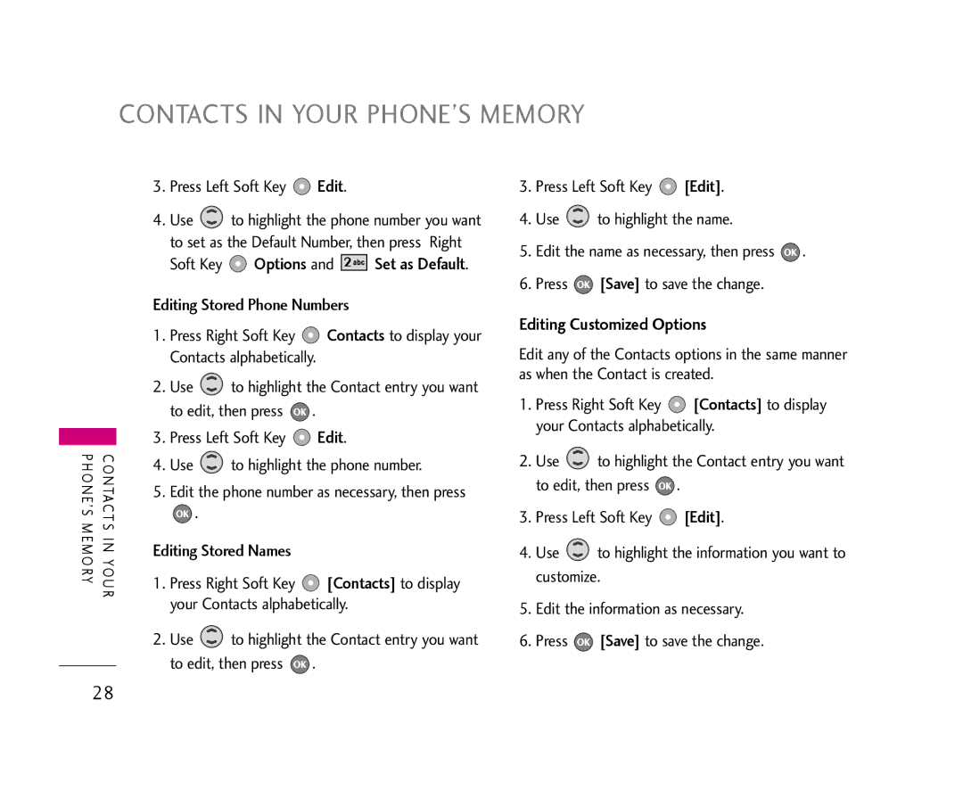 LG Electronics 355 manual Contacts in Your PHONE’S Memory, Editing Customized Options 