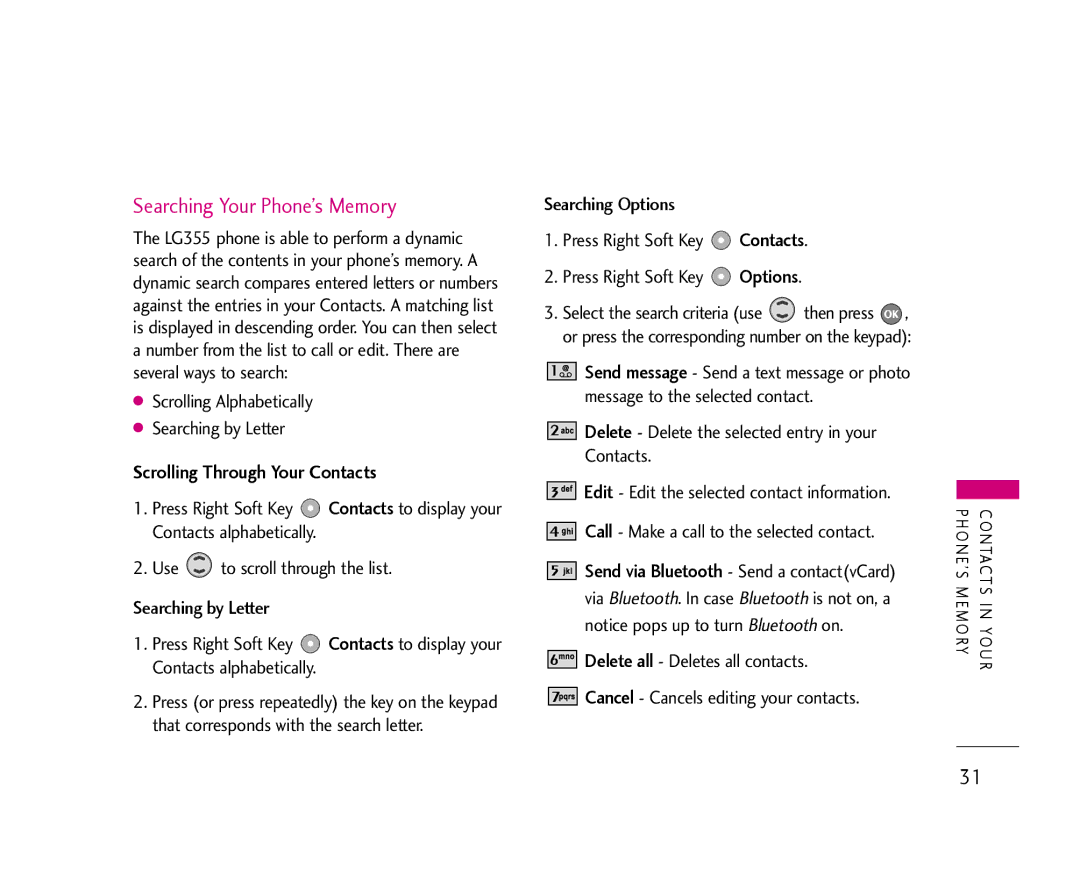 LG Electronics 355 manual Searching Your Phone’s Memory, Scrolling Through Your Contacts 