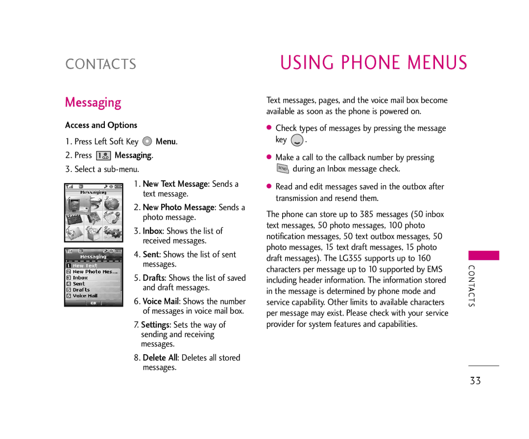 LG Electronics 355 manual Contacts, Access and Options, Press Messaging, Sent Shows the list of sent messages 