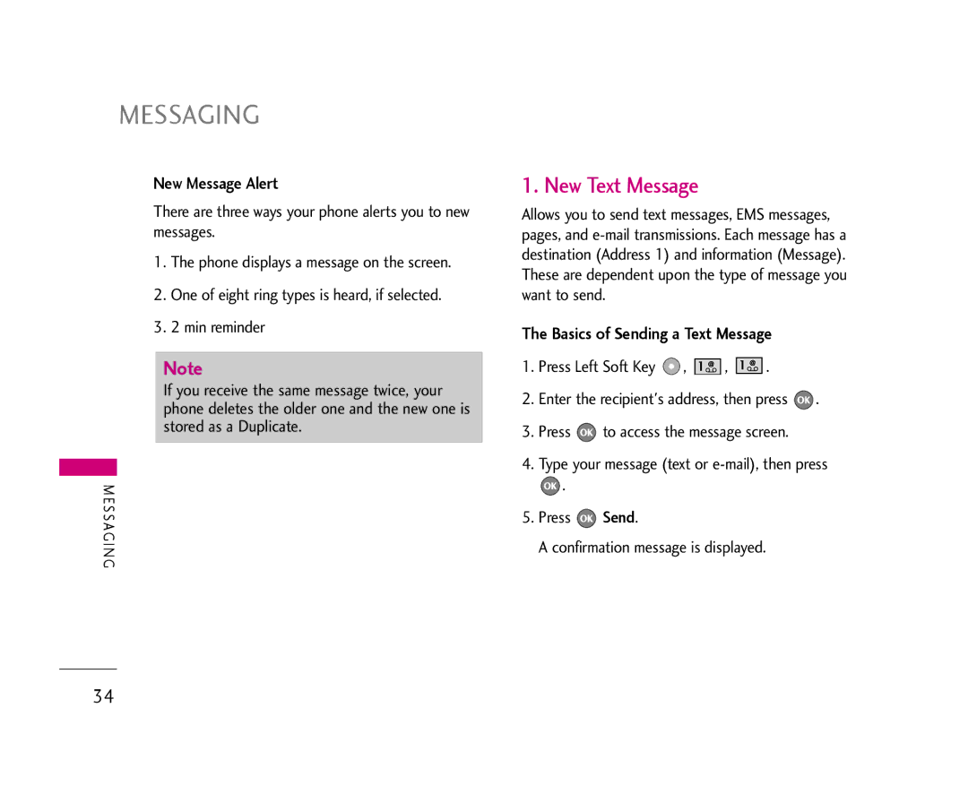 LG Electronics 355 manual Messaging, New Text Message, New Message Alert, Basics of Sending a Text Message 