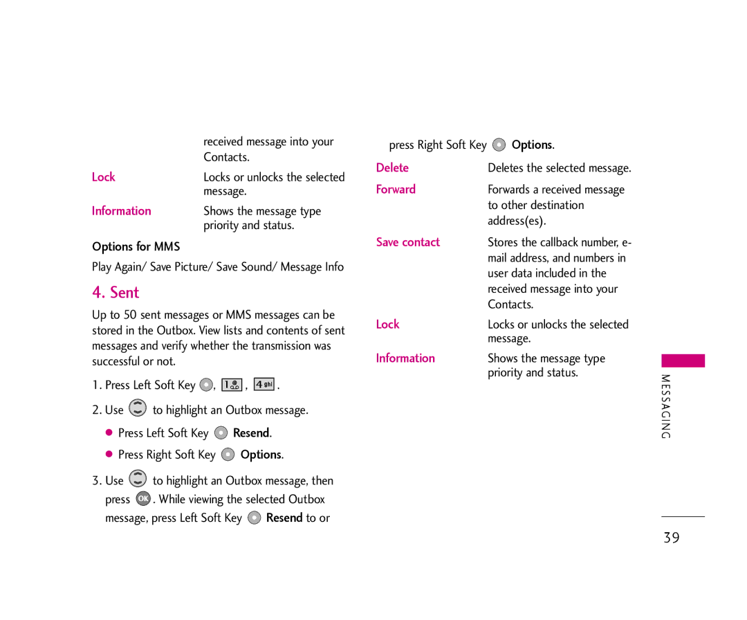 LG Electronics 355 manual Sent, Options for MMS 