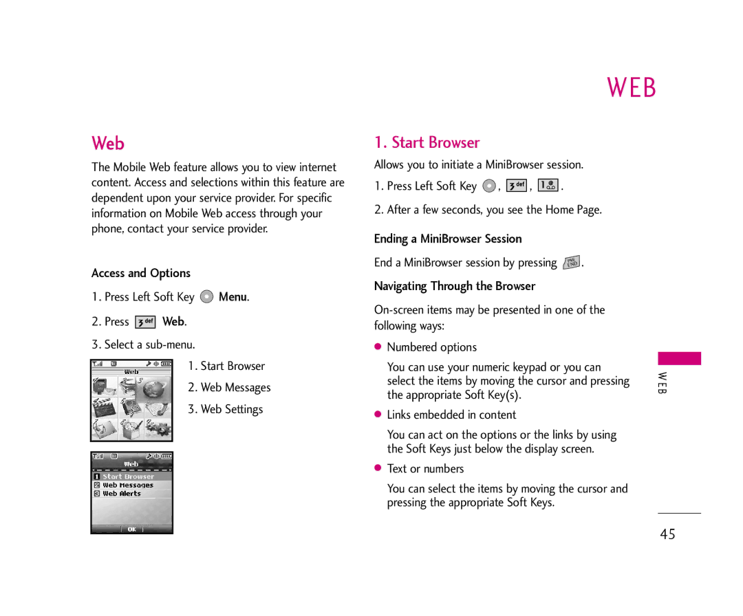 LG Electronics 355 manual Web, Start Browser, Ending a MiniBrowser Session, Appropriate Soft Keys Links embedded in content 