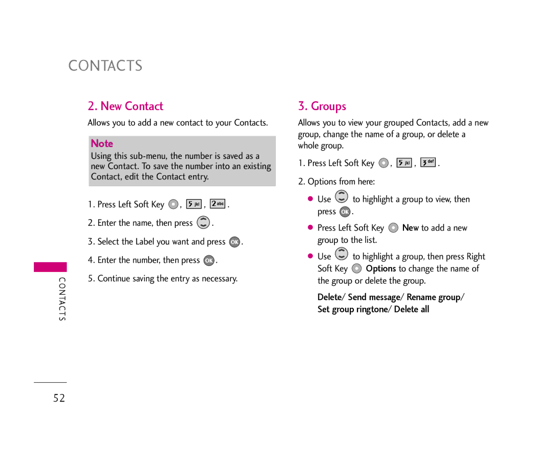 LG Electronics 355 manual New Contact, Groups 