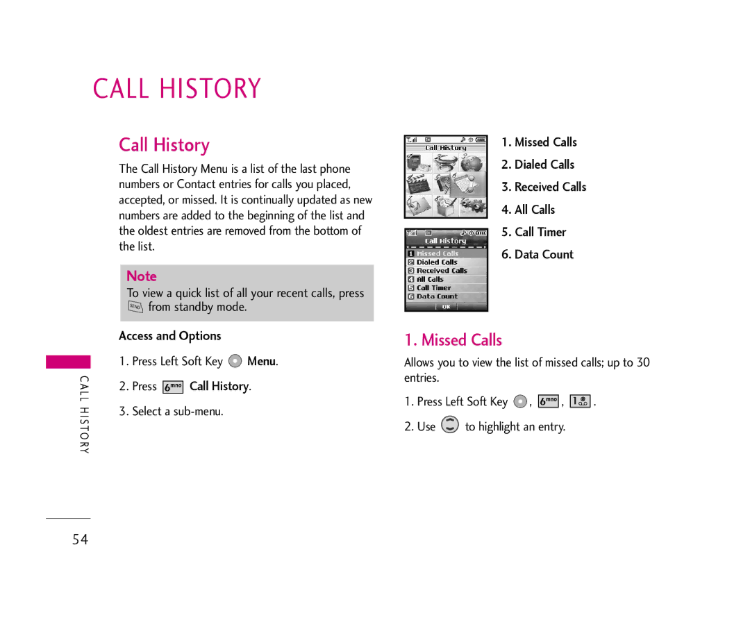 LG Electronics 355 manual Call History, Missed Calls 