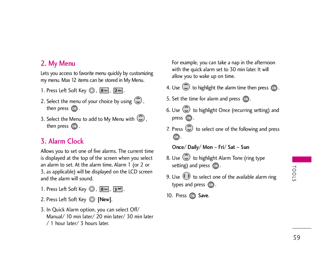 LG Electronics 355 manual My Menu, Alarm Clock, Once/ Daily/ Mon ~ Fri/ Sat ~ Sun 