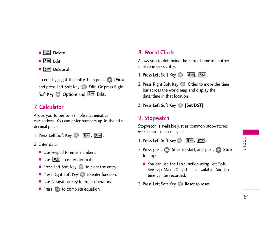 LG Electronics 355 manual Calculator, World Clock, Stopwatch, Delete Edit Delete all, Soft Key Options 