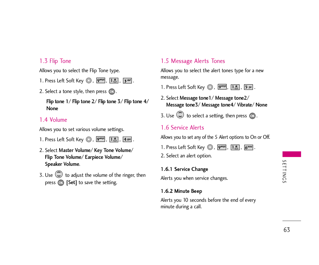 LG Electronics 355 manual Flip Tone, Volume, Message Alerts Tones, Service Alerts 