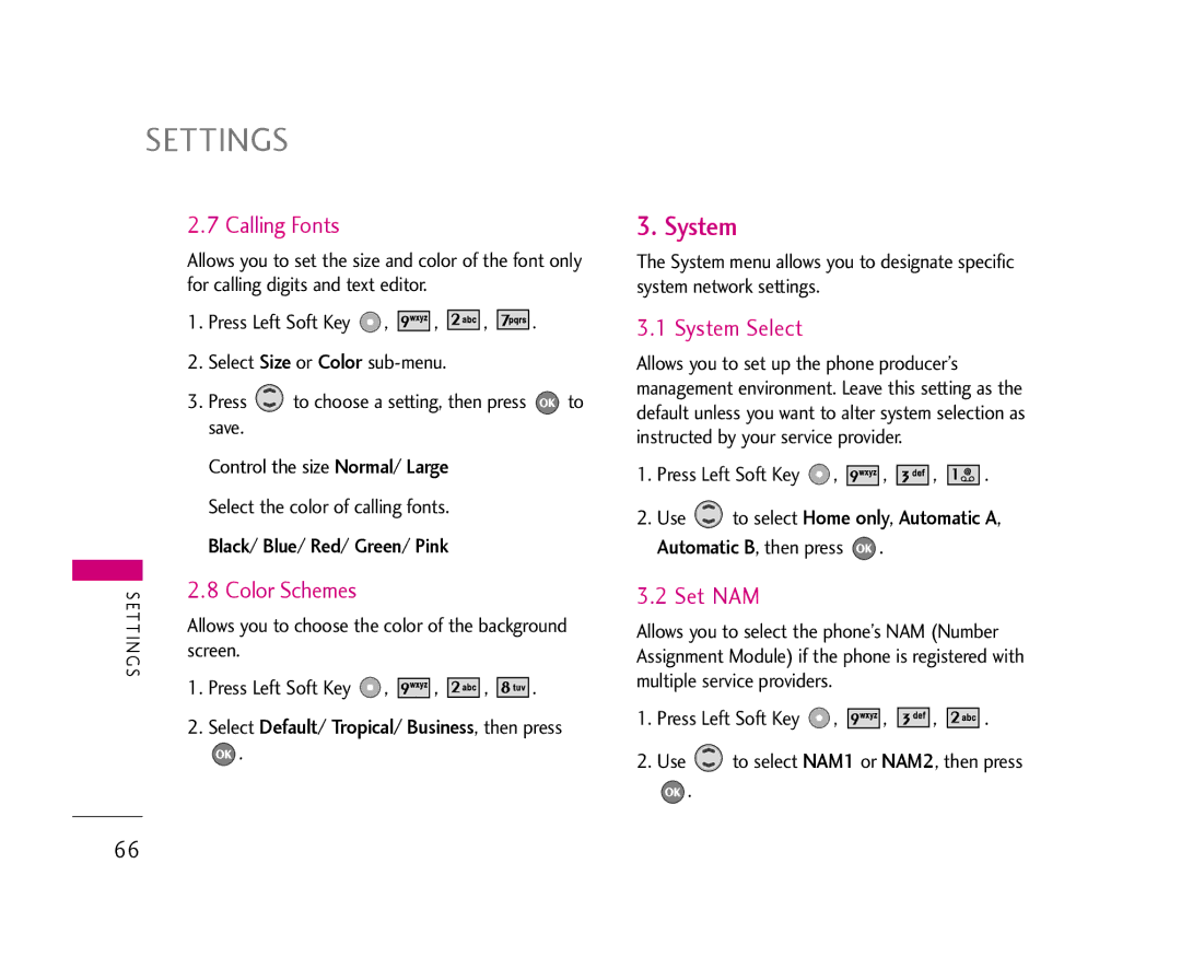 LG Electronics 355 manual Calling Fonts, System Select, Set NAM, Use to select Home only, Automatic a 