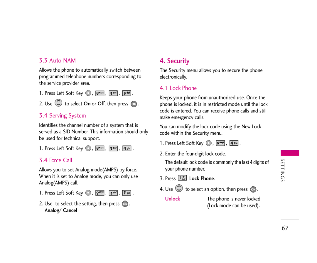 LG Electronics 355 manual Security, Auto NAM, Serving System, Force Call, Lock Phone 