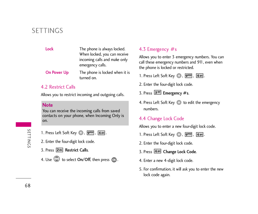 LG Electronics 355 manual Restrict Calls, Press Emergency #s, Press Change Lock Code 