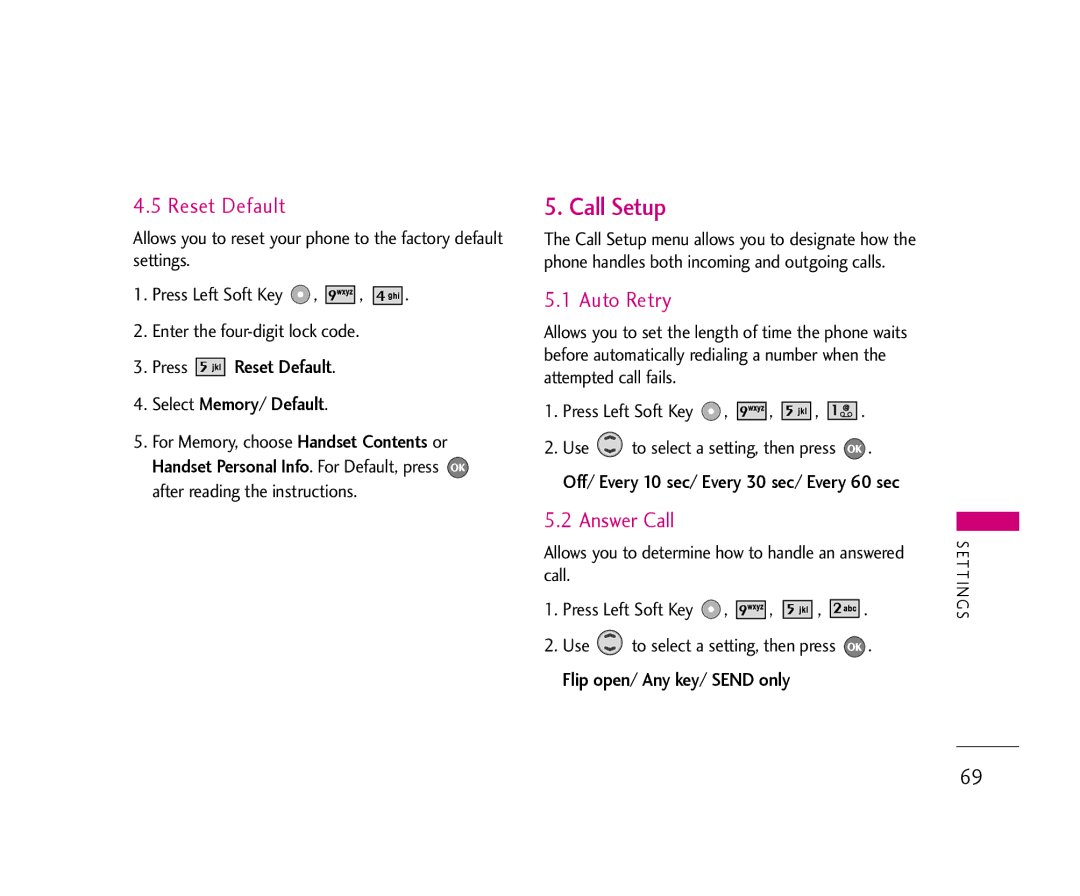 LG Electronics 355 manual Call Setup, Reset Default, Auto Retry, Answer Call 