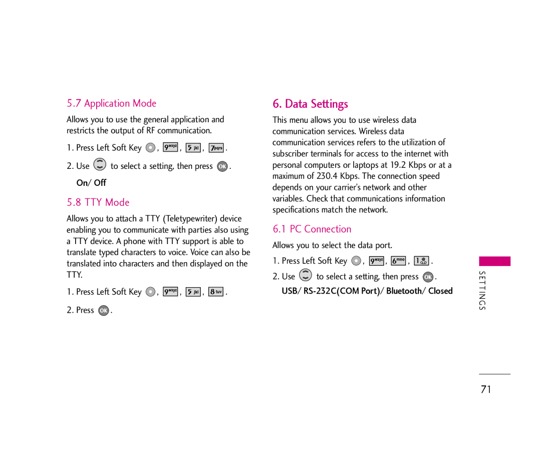 LG Electronics 355 manual Data Settings, Application Mode, TTY Mode, PC Connection 