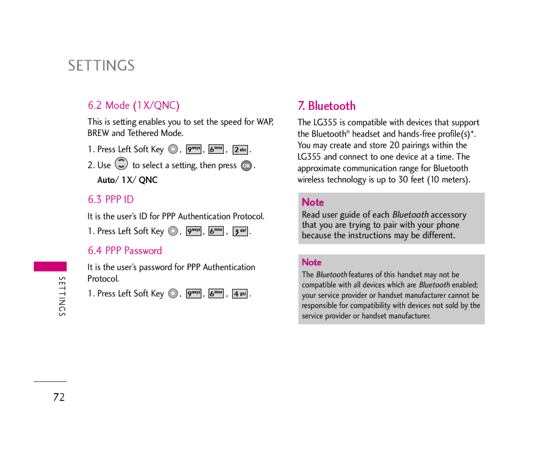 LG Electronics 355 manual Bluetooth, Mode 1X/QNC, Ppp Id, PPP Password 