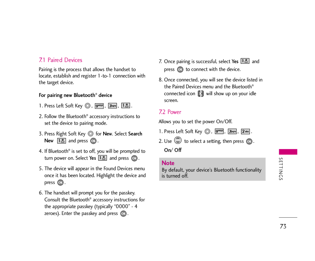 LG Electronics 355 manual Paired Devices, Power, For pairing new Bluetooth device, Press to connect with the device 