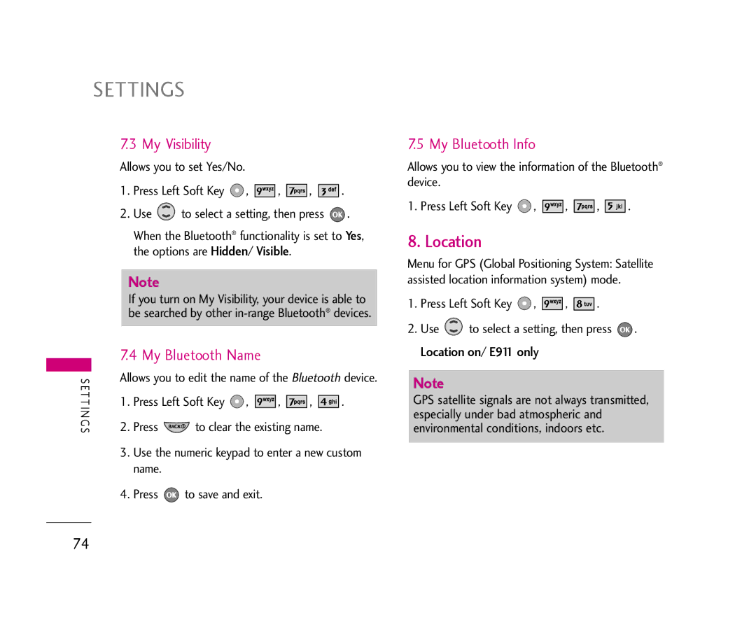 LG Electronics 355 manual My Visibility, My Bluetooth Name, My Bluetooth Info, Location on/ E911 only 