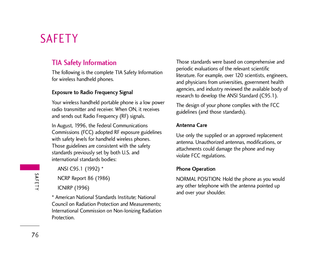 LG Electronics 355 manual TIA Safety Information, Exposure to Radio Frequency Signal, Antenna Care, Phone Operation 