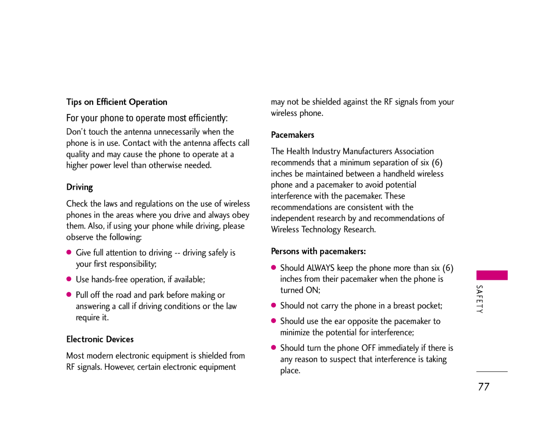 LG Electronics 355 manual Tips on Efficient Operation, Driving, Electronic Devices, Pacemakers, Persons with pacemakers 