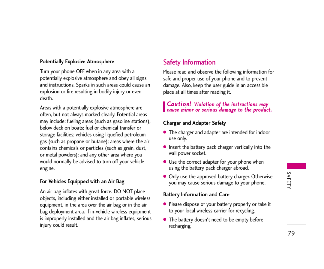 LG Electronics 355 manual Safety Information, Potentially Explosive Atmosphere, For Vehicles Equipped with an Air Bag 