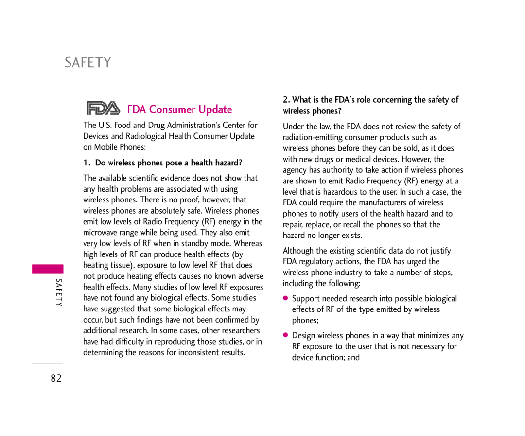 LG Electronics 355 manual FDA Consumer Update, Any health problems are associated with using 